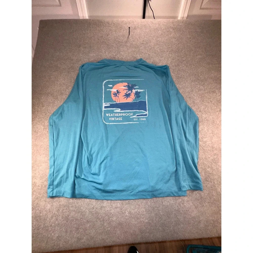 Weatherproof Vintage Mens XL Teal Blue Long Sleeve Graphic Performance T-Shirt
